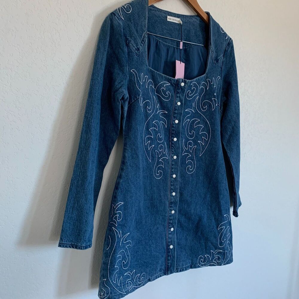 New Avec Les Filles Western Embroidered Long Sleeve Denim Rodeo Minidress Size 8 - Picture 12 of 12